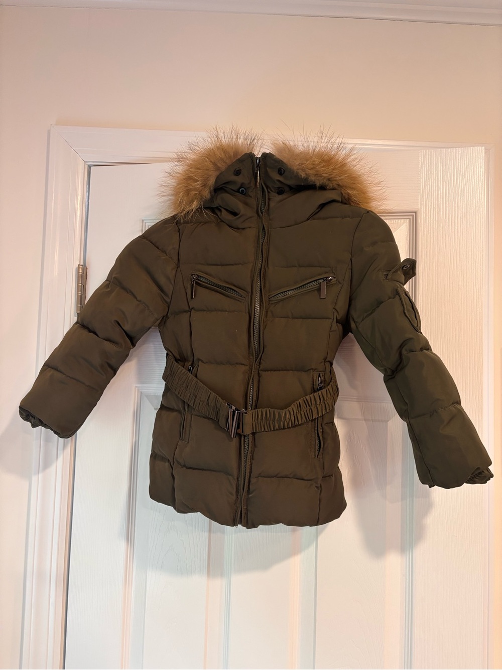LUCA LONDON CHILDRENS KHAKI LUXURY FUR PADDED BELTED COAT size 5/6